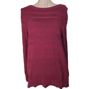 LOFT Size Large Dark Red Boatneck Cotton Textured Stripe Sweater Coastal Chic